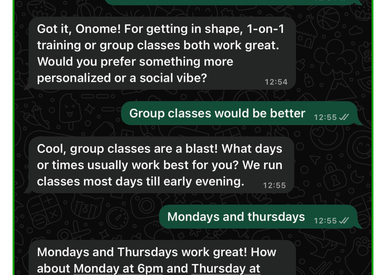 WhatsApp booking agent conversation showing natural back-and-forth scheduling