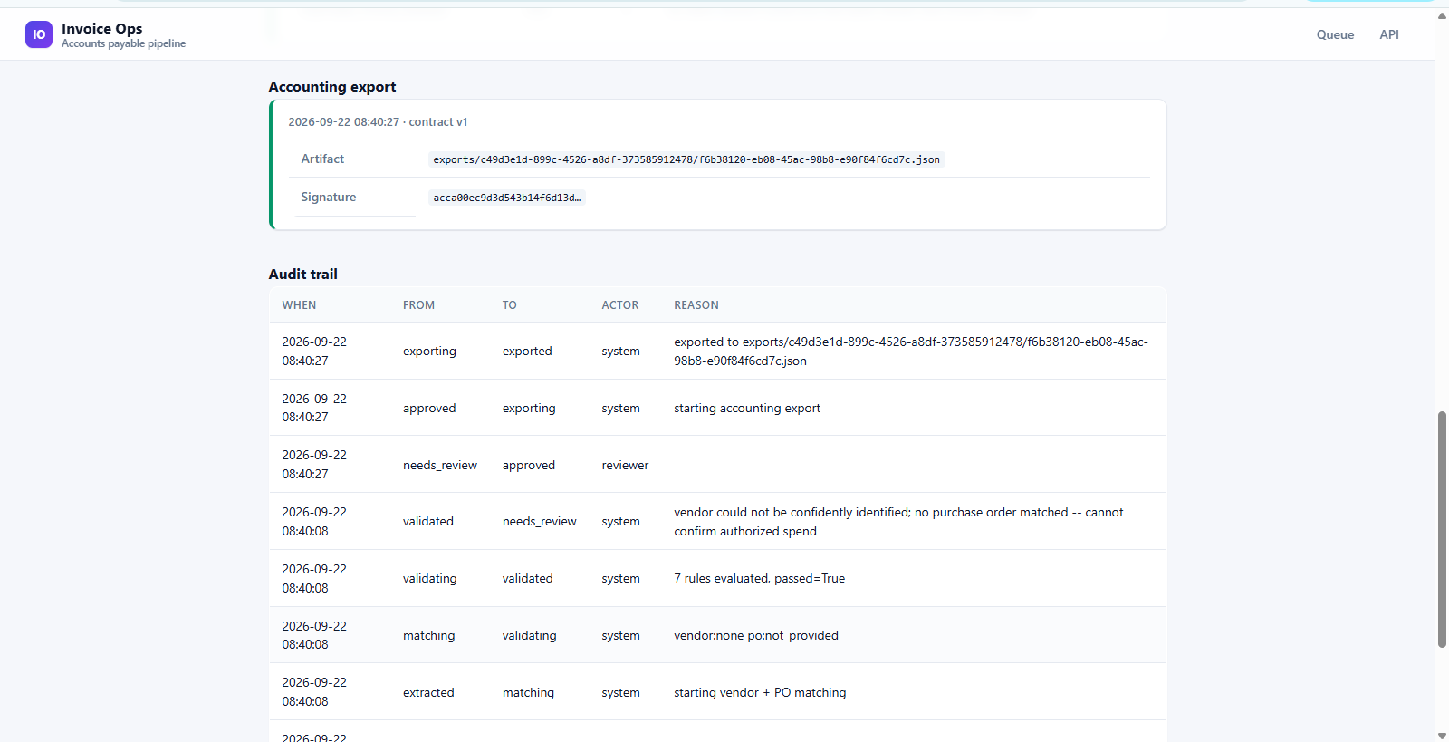 Full audit trail of every status change on an invoice