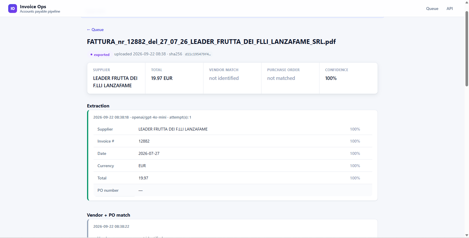 AI extraction results with a per-field confidence score