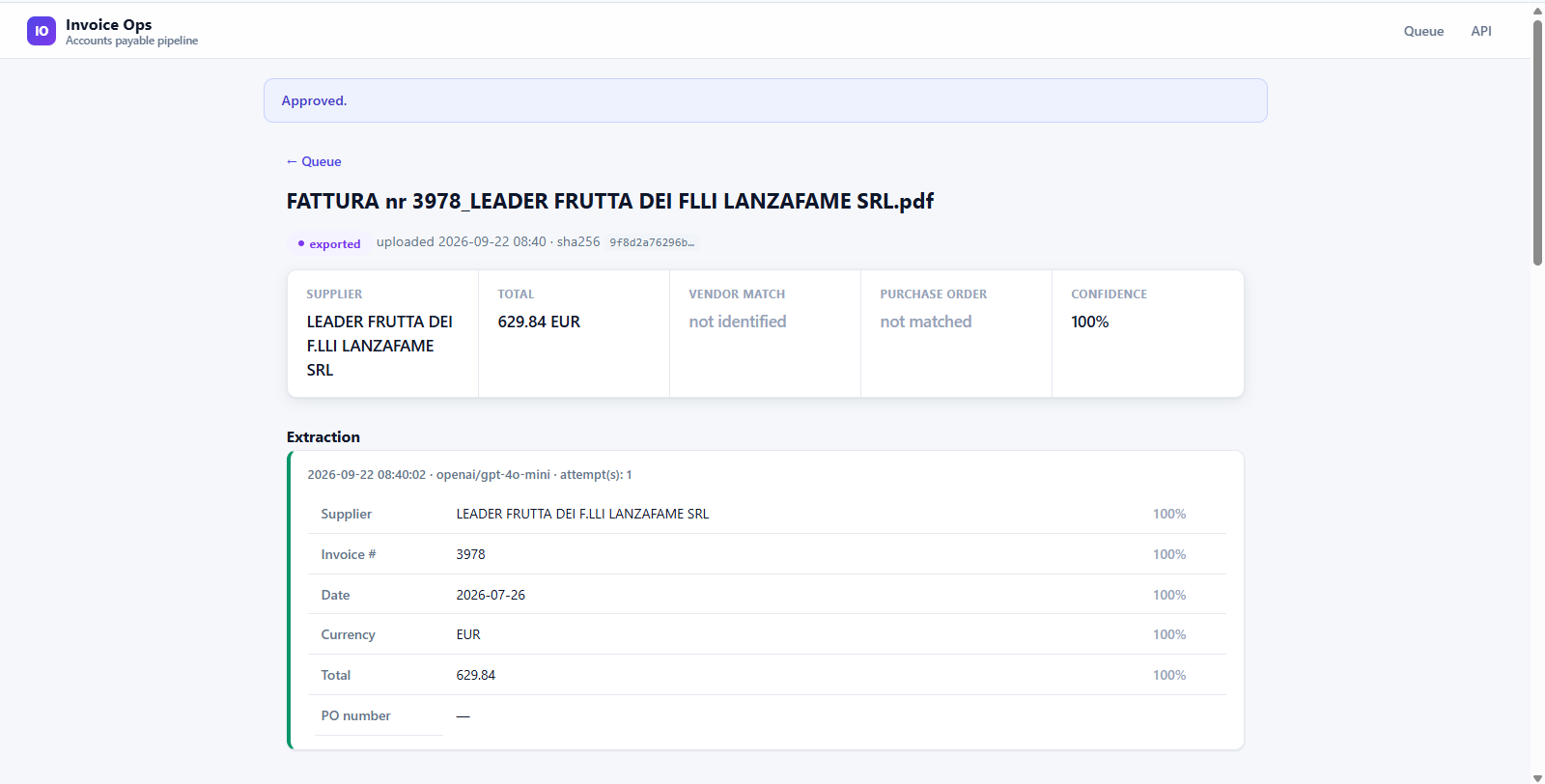 Invoice detail summary strip showing supplier, total, vendor match, PO and confidence